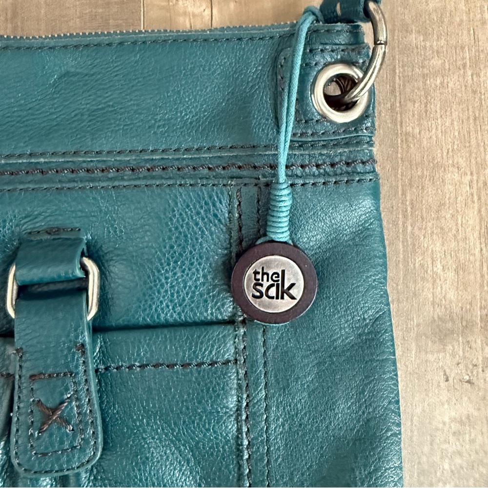 The SAK Vintage Crossbody Purse Bag Leather Turquoise Blue Fabric Strap - Picture 2 of 16